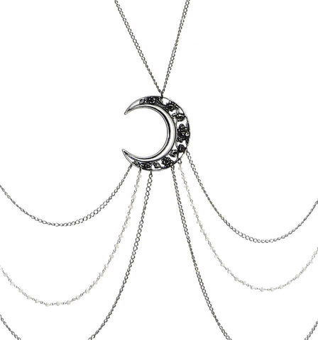 Luna Goddess Body Chain with Art Nouveau Crescent Moon and rainbow Moonstone Rosary Chains