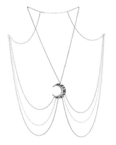 Luna Goddess Body Chain with Art Nouveau Crescent Moon and rainbow Moonstone Rosary Chains