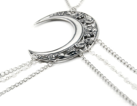 Luna Goddess Body Chain with Art Nouveau Crescent Moon and rainbow Moonstone Rosary Chains