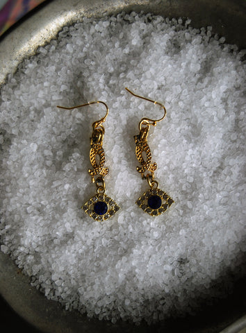 14k Earwires - Rhinestone Studded Drop Earrings with All Seeing Eye