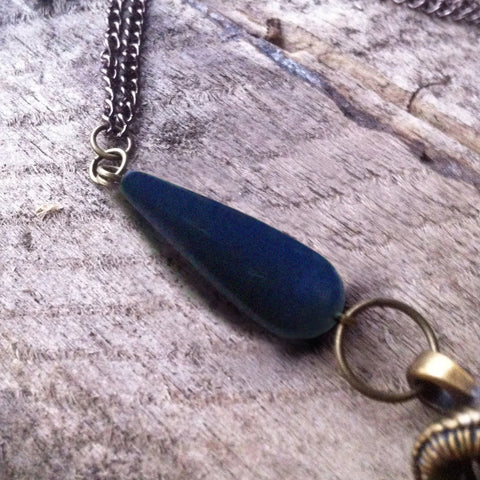 Aries Ram Head Brass Necklace with blue lucite bead
