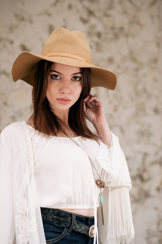 Model Olivia Rose wearing Arrow Howlite Turquoise Tassle Necklace