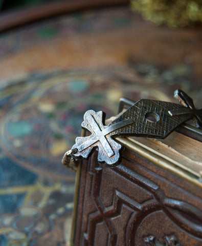 Victorian Screw Plate with decorate gothic cross made into a unique bracelet