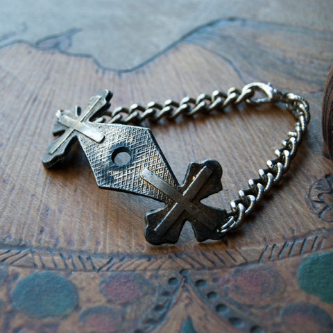 Victorian Screw Plate with decorate gothic cross made into a unique bracelet