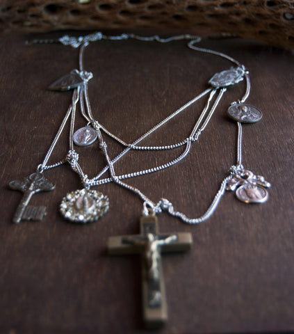 Catholic gothic layered women's necklace - multi chain Catholic medals