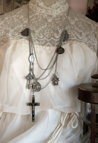 Catholic gothic layered women's necklace - multi chain Catholic medals