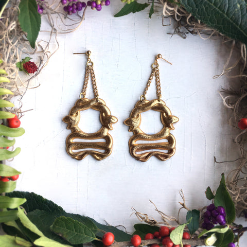 Raw brass chunky snake earrings. Gold plated posts. 