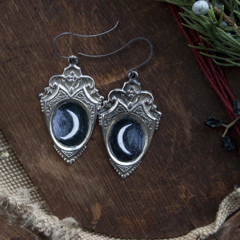 Crescent Moon Goddess Painted Shield Earrings