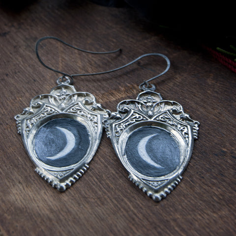 Crescent Moon Goddess Painted Shield Earrings