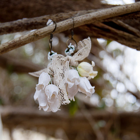 White Flower Earrings made of paper, lace and brass leverbacks