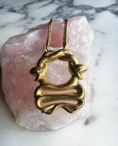 Gold Snake Pendant Necklace. Double Serpent Gothic Snake