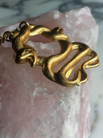 Gold Snake Pendant Necklace. Double Serpent Gothic Snake