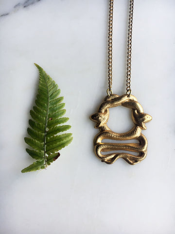 Gold Snake Pendant Necklace. Double Serpent Gothic Snake