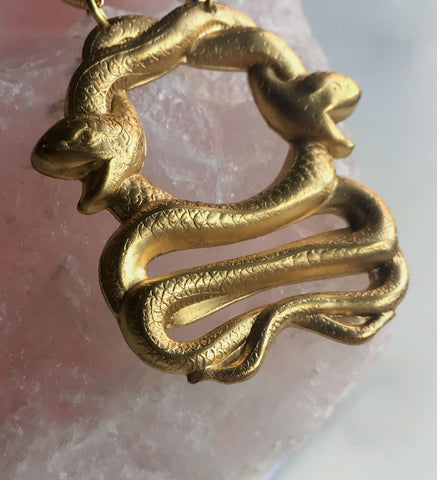 Gold Snake Pendant Necklace. Double Serpent Gothic Snake