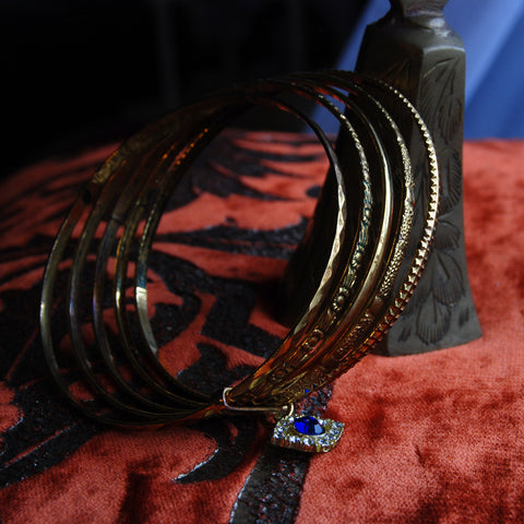 Evil Eye Gold Plated Set of Bangles with floral texture. Blue Rhinestone All Seeing Eye.