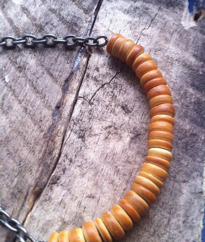 Tribal Mens Wooden Beaded Bracelet - Yellow Wooden Beads with Chunky Silver Chain