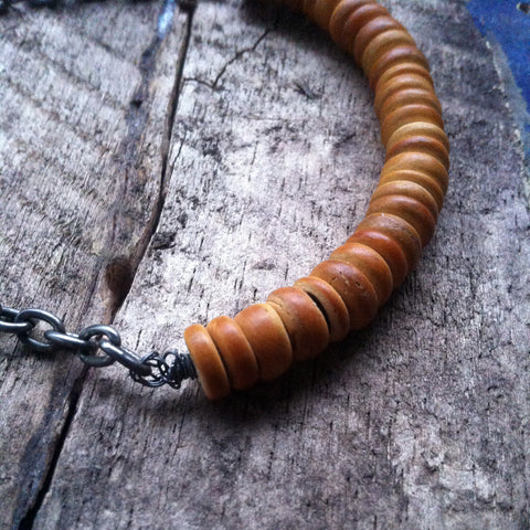 Tribal Mens Wooden Beaded Bracelet - Yellow Wooden Beads with Chunky Silver Chain