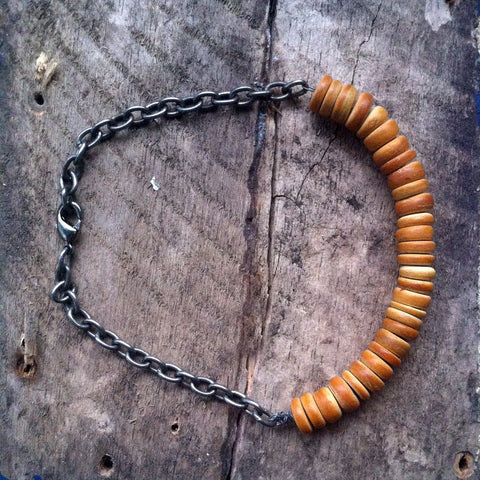 Tribal Mens Wooden Beaded Bracelet - Yellow Wooden Beads with Chunky Silver Chain