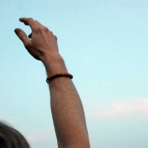 Tribal Mens Wooden Beaded Bracelet - Yellow Wooden Beads with Chunky Silver Chain