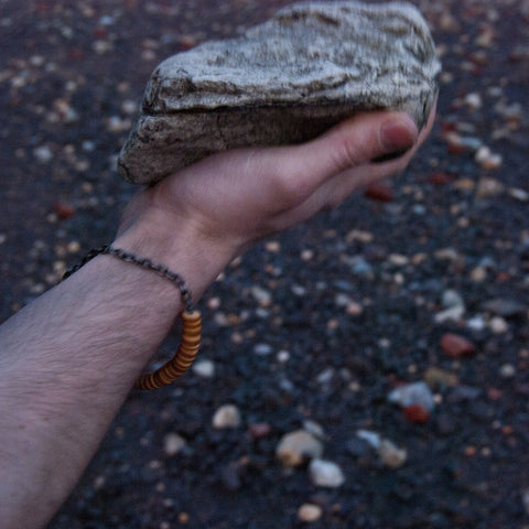 Tribal Mens Wooden Beaded Bracelet - Yellow Wooden Beads with Chunky Silver Chain