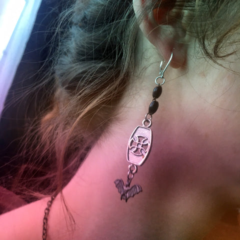 Black Bat Maltese Cross Earrings