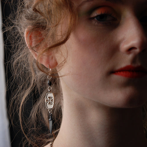 Black Bat Maltese Cross Earrings