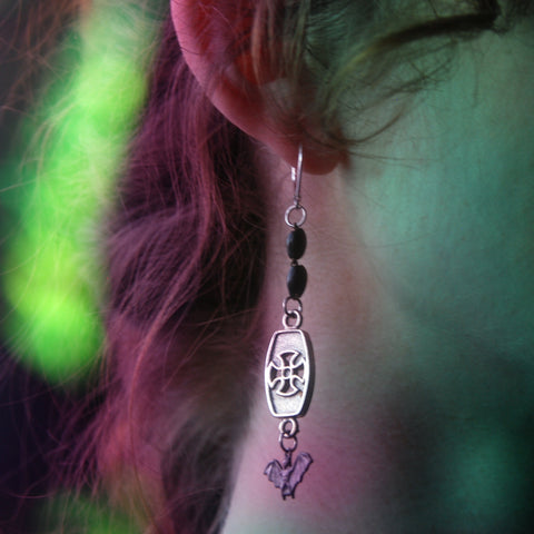 Black Bat Maltese Cross Earrings