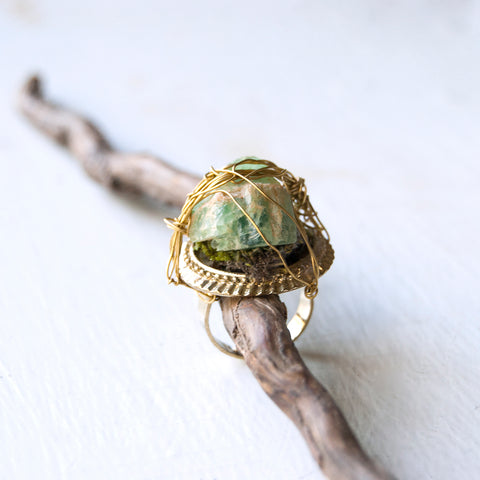 Green Fluorite Raw Stone on Adjustable Ring