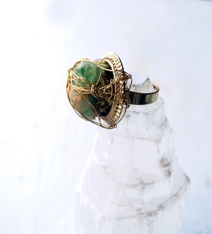 Green Fluorite Raw Stone on Adjustable Ring