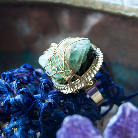 Green Fluorite Raw Stone on Adjustable Ring