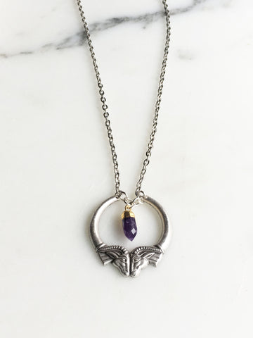 Heimdall Double Ram Head Silver Necklace with Amethyst Spike Pendant