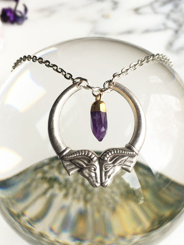 Heimdall Double Ram Head Silver Necklace with Amethyst Spike Pendant