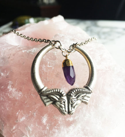 Heimdall Double Ram Head Silver Necklace with Amethyst Spike Pendant