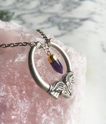 Heimdall Double Ram Head Silver Necklace with Amethyst Spike Pendant