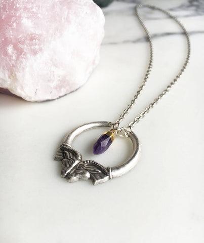 Heimdall Double Ram Head Silver Necklace with Amethyst Spike Pendant