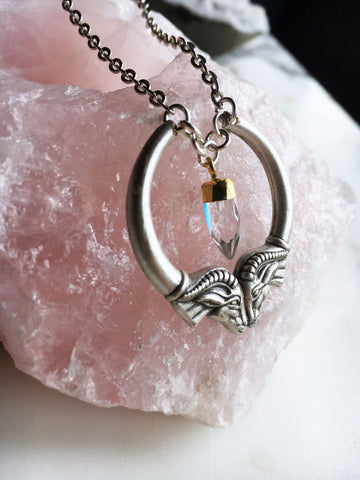 Heimdall Double Ram Head Necklace with Clear Quartz Spike Pendant