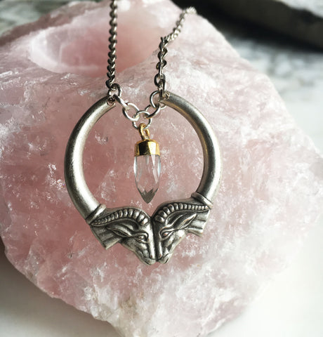 Heimdall Double Ram Head Necklace with Clear Quartz Spike Pendant