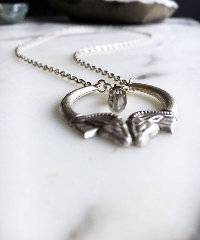 Heimdall Double Ram Head Necklace with Clear Quartz Spike Pendant