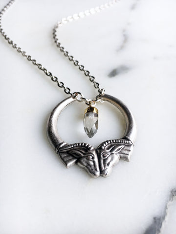 Heimdall Double Ram Head Necklace with Clear Quartz Spike Pendant