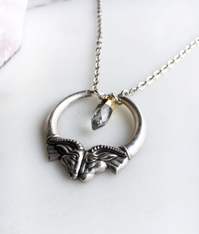 Heimdall Double Ram Head Necklace with Clear Quartz Spike Pendant