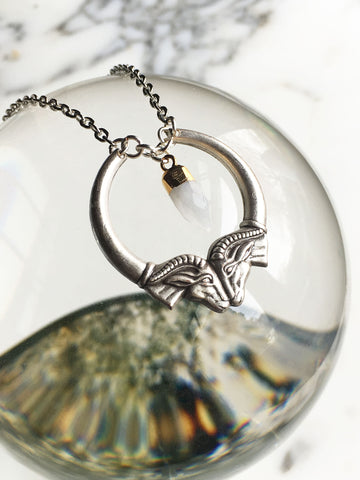 Heimdall Double Ram Head Silver Necklace with Moonstone Spike Pendant