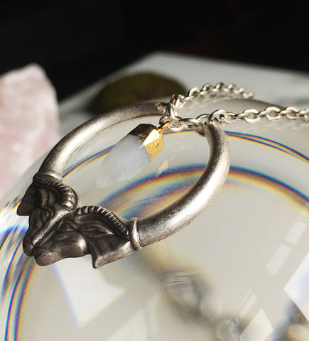 Heimdall Double Ram Head Silver Necklace with Moonstone Spike Pendant