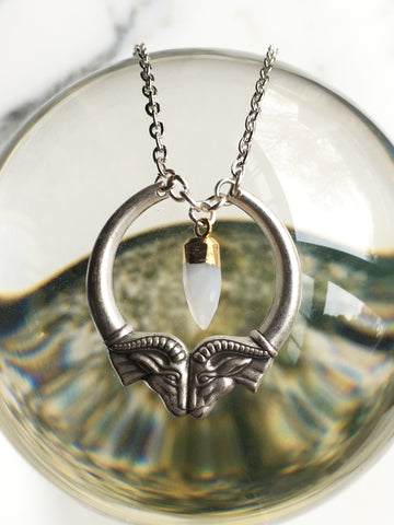 Heimdall Double Ram Head Silver Necklace with Moonstone Spike Pendant
