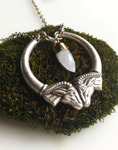 Heimdall Double Ram Head Silver Necklace with Moonstone Spike Pendant