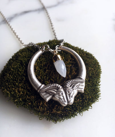 Heimdall Double Ram Head Silver Necklace with Moonstone Spike Pendant