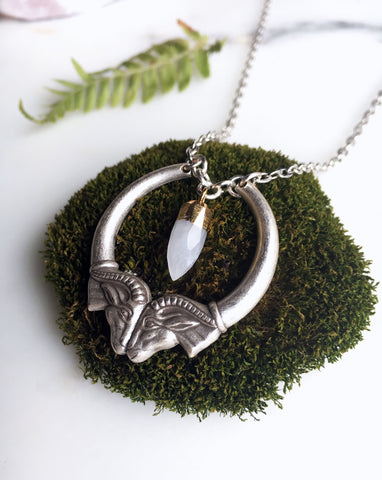 Heimdall Double Ram Head Silver Necklace with Moonstone Spike Pendant