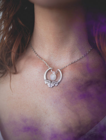 Heimdall Double Ram Head Silver Necklace with Moonstone Spike Pendant