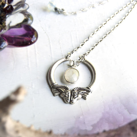 Heimdall Double Ram Head Moonstone Silver Necklace