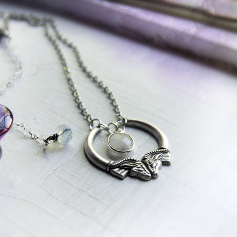 Heimdall Double Ram Head Moonstone Silver Necklace