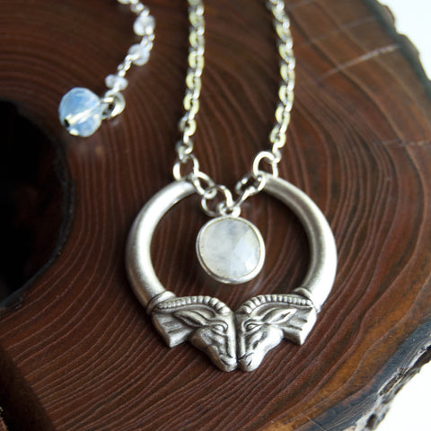 Heimdall Double Ram Head Moonstone Silver Necklace